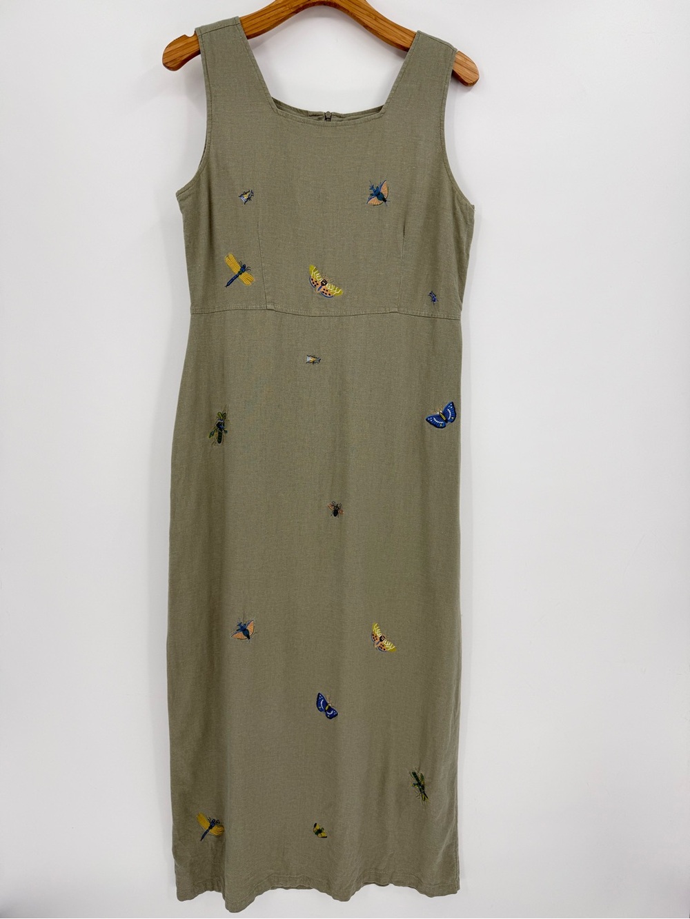 Country Wear Linen Embroidered Butterfly Insect Summer Maxi Dress Sage S